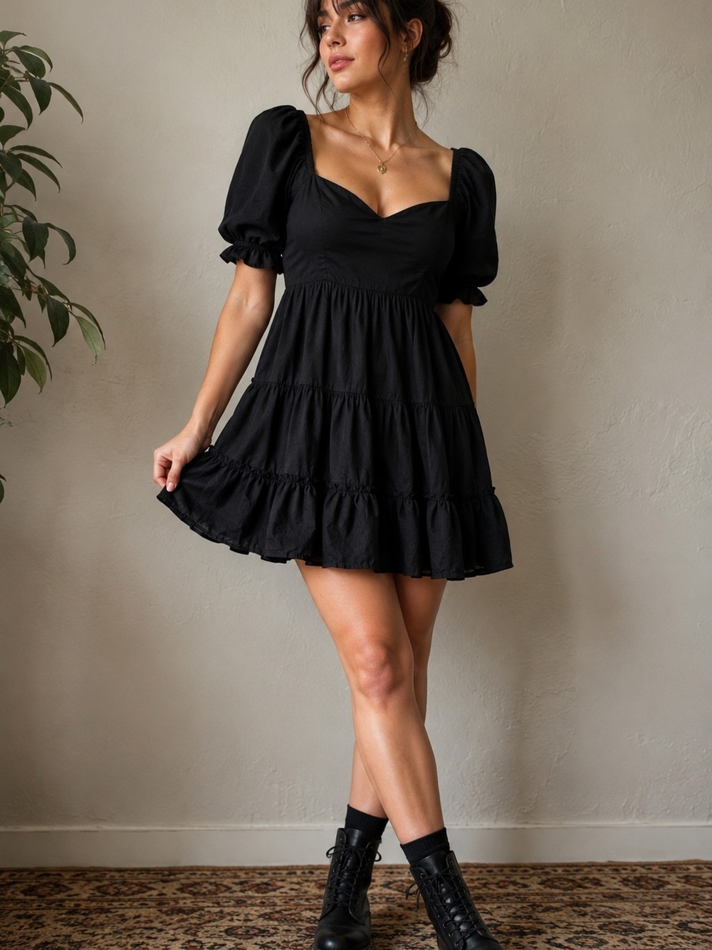 Black Milkmaid Puff Sleeve Tiered Mini Dress Cottagecore Goth
